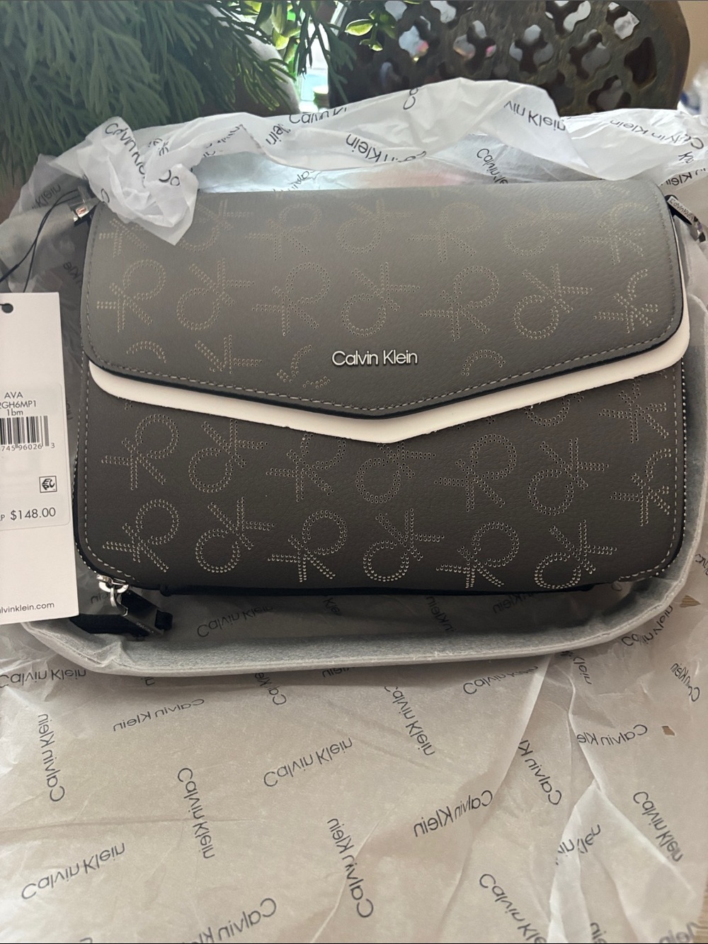 Calvin Klein Grey Monogram Crossbody with White Trim